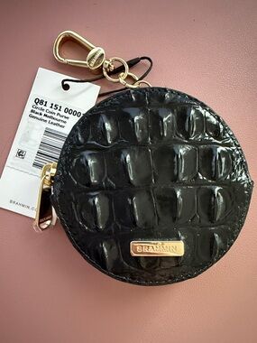 Brahmin Black Croc-Embossed Round Coin Purse with Light Gold Hardware